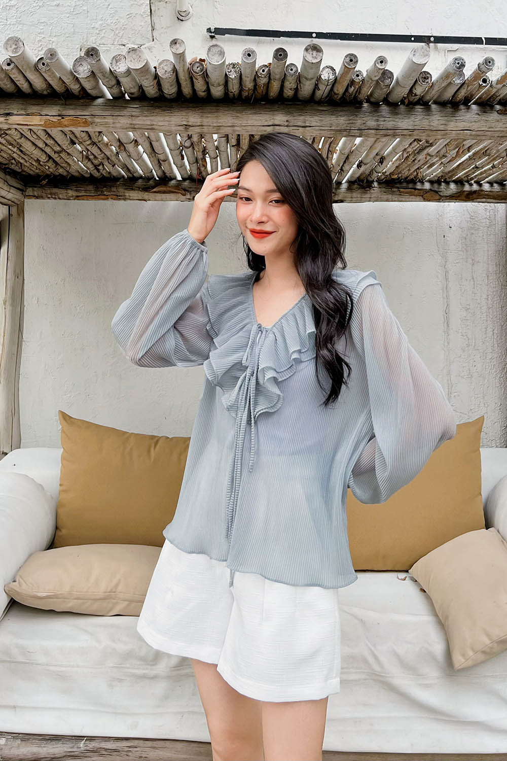 Áo kiểu voan dập ly cổ nhún bèo 