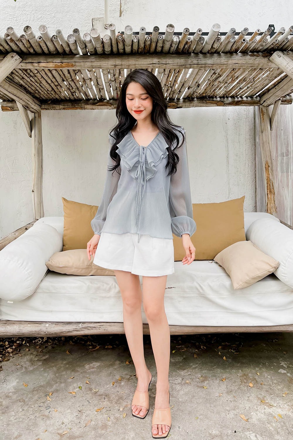 Áo kiểu voan dập ly cổ nhún bèo 