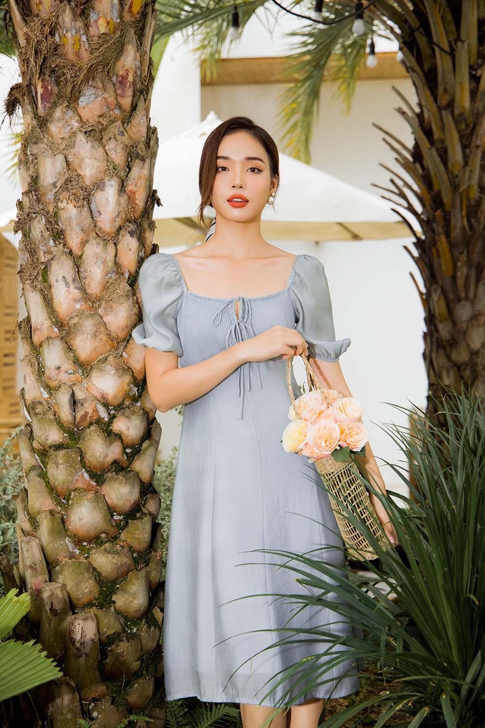 Đầm xòe công sở ngực xếp ly tay phồng 