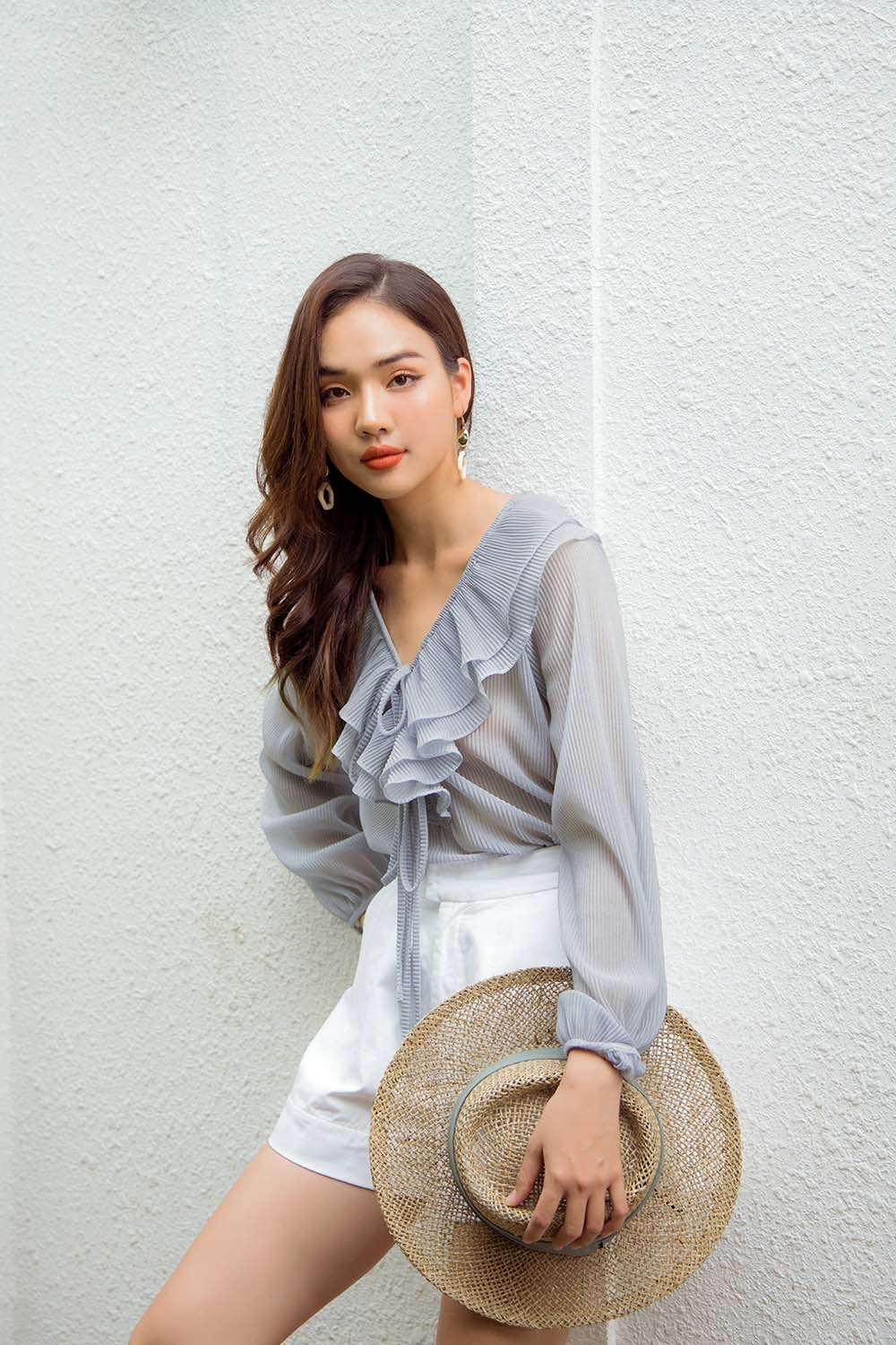 Áo kiểu voan dập ly cổ nhún bèo 