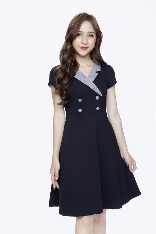 Đầm xòe cổ đan tông phối nút KK84-20