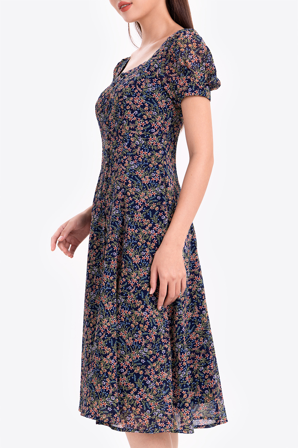 Đầm xòe hoa nhí công sở cổ vuông 