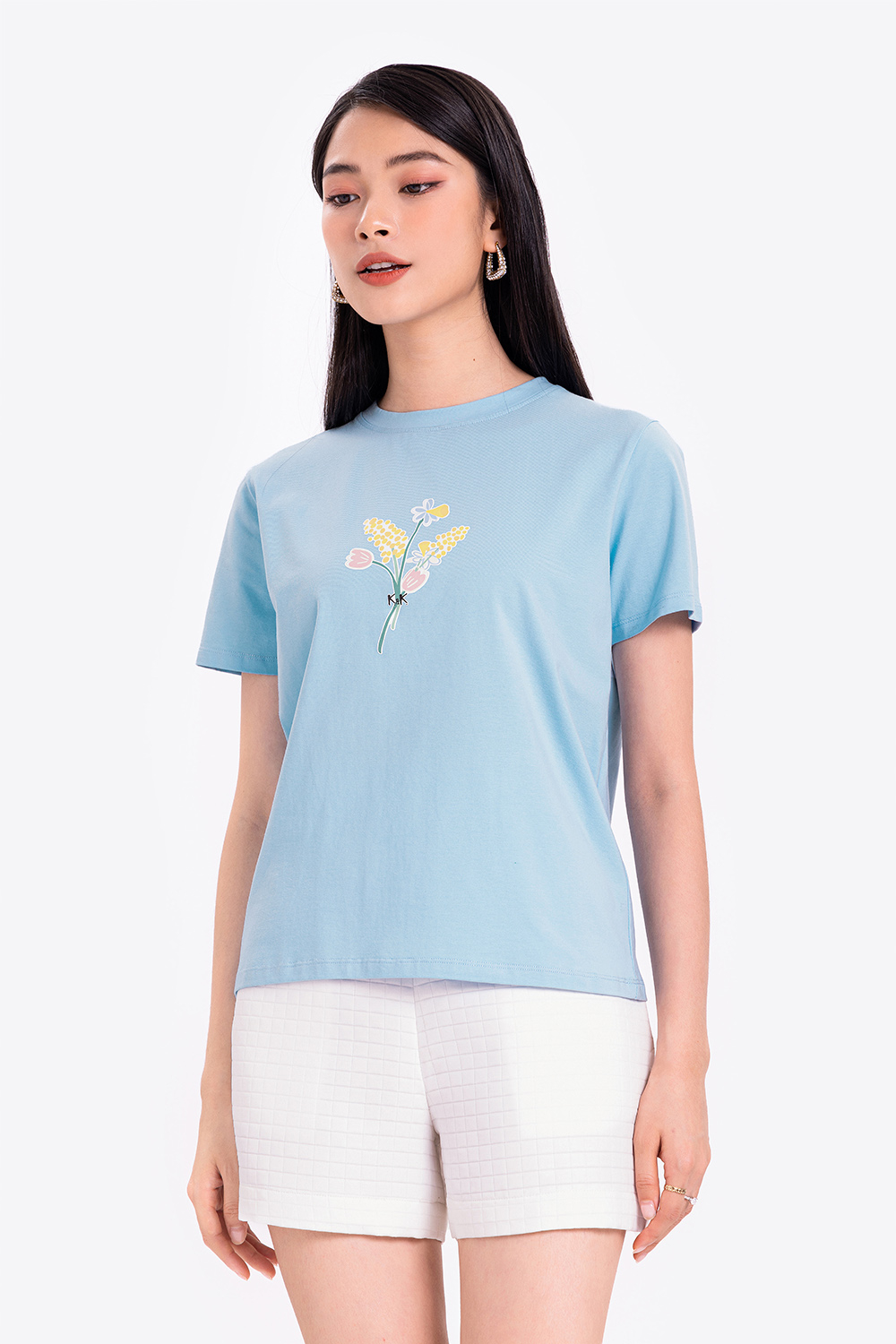 Áo thun nữ trơn màu in hoa đơn giản 