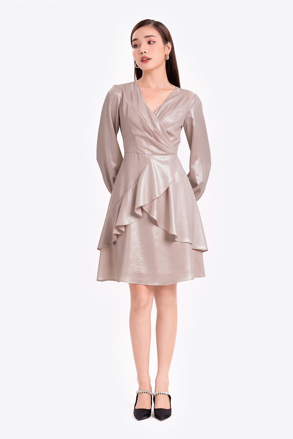 Đầm lụa dự tiệc dáng xòe tùng đắp chéo