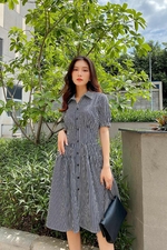 Đầm sơ mi xòe họa tiết caro 