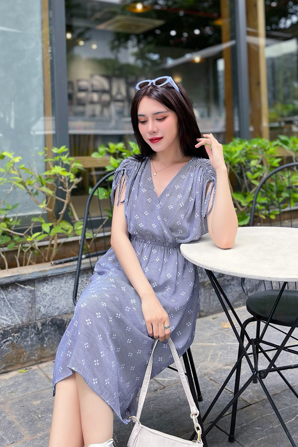 Đầm xòe bo chun eo vai phối nơ