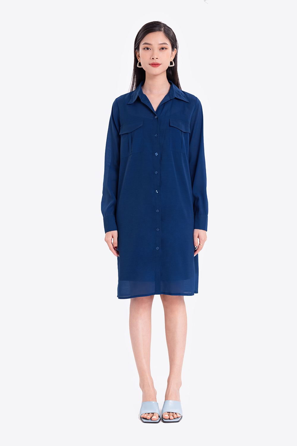 Đầm sơ mi công sở dáng suông tay dài