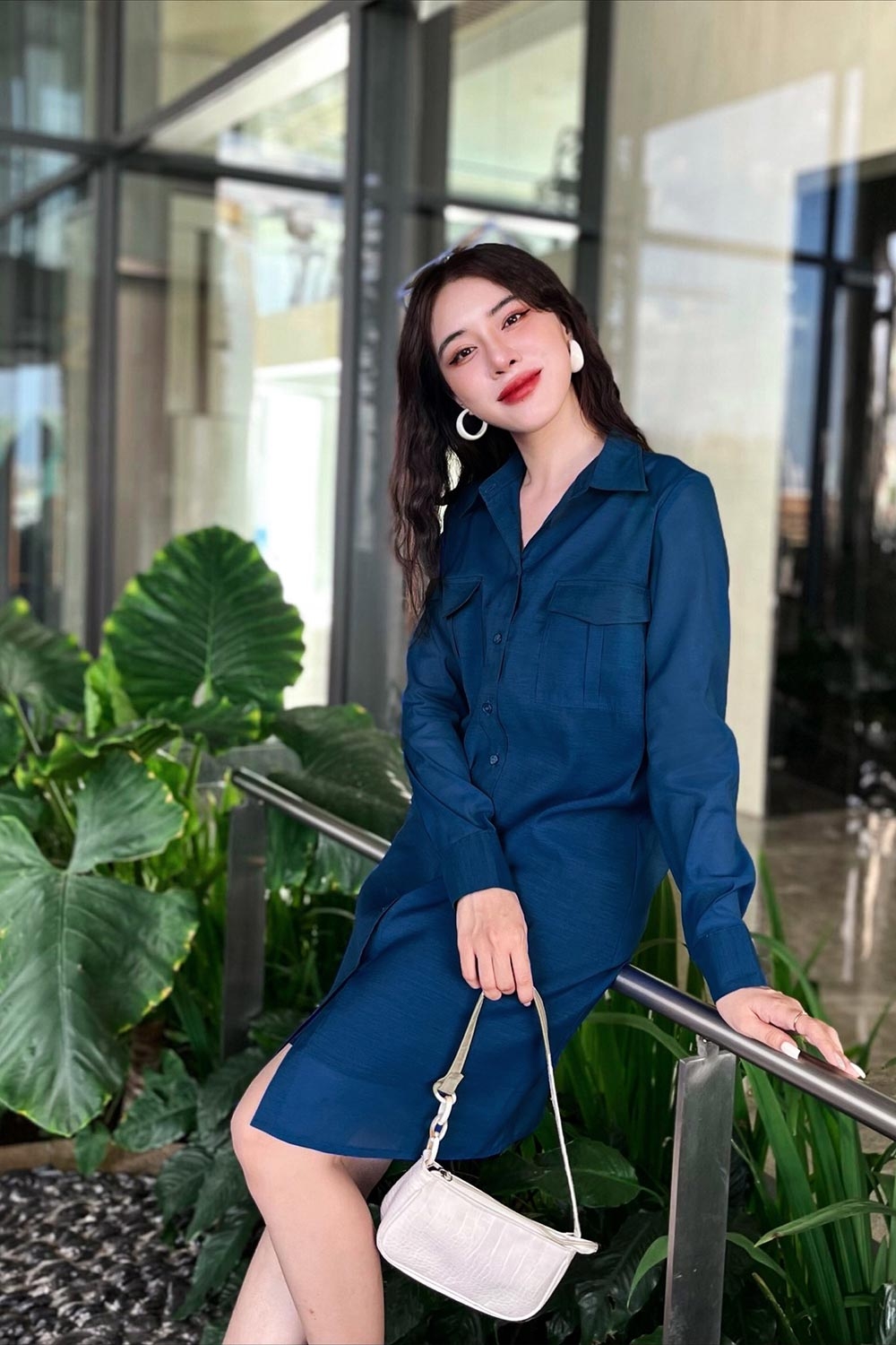 Đầm sơ mi công sở dáng suông tay dài