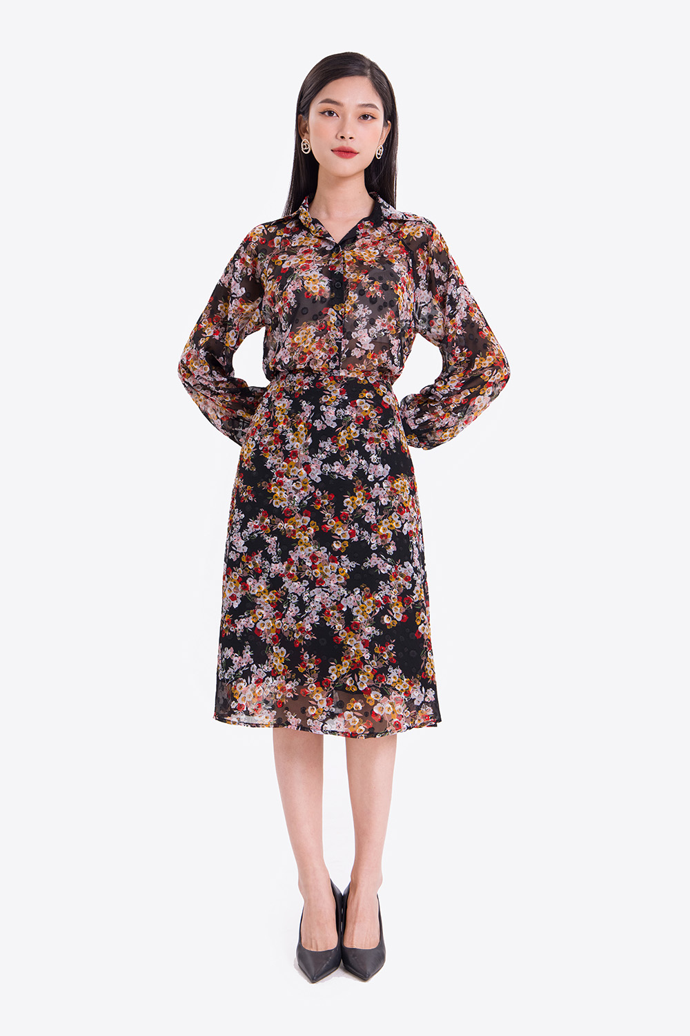 Áo sơ mi họa tiết hoa tay dài 