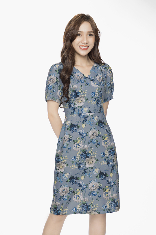 Đầm hoa chữ A cổ tim KK89-11