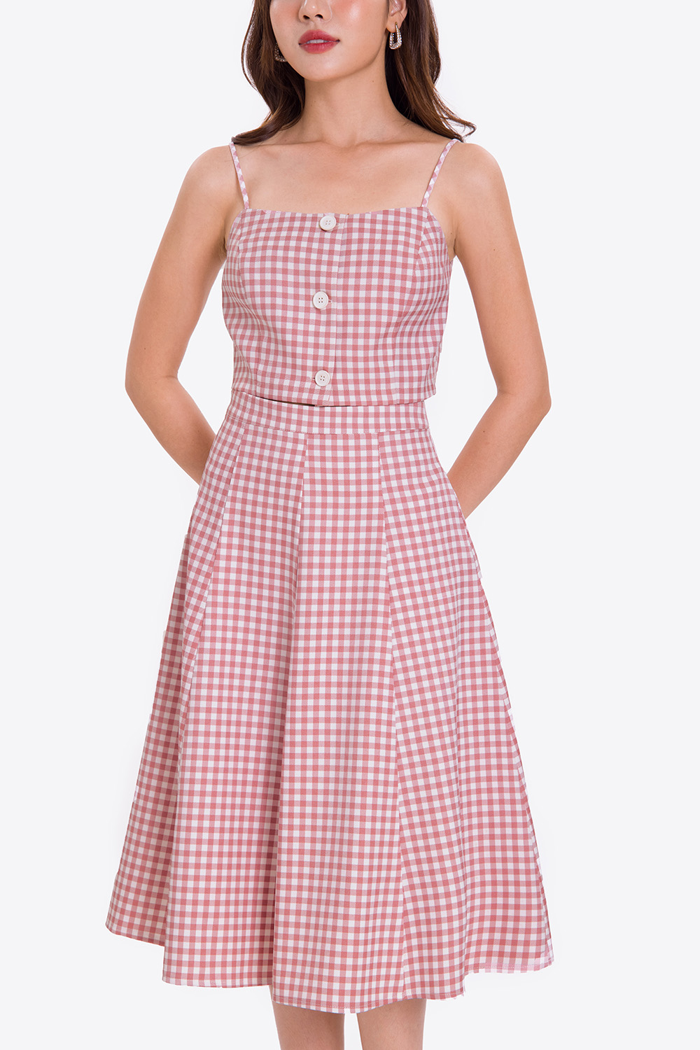 Chân váy midi dáng xòe họa tiết caro 