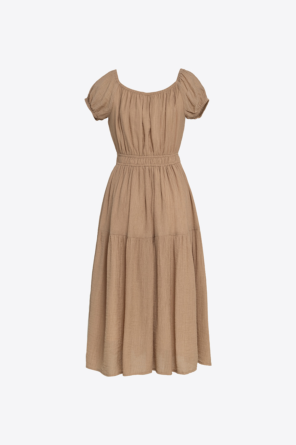 Đầm xòe trễ vai cổ phối nơ 