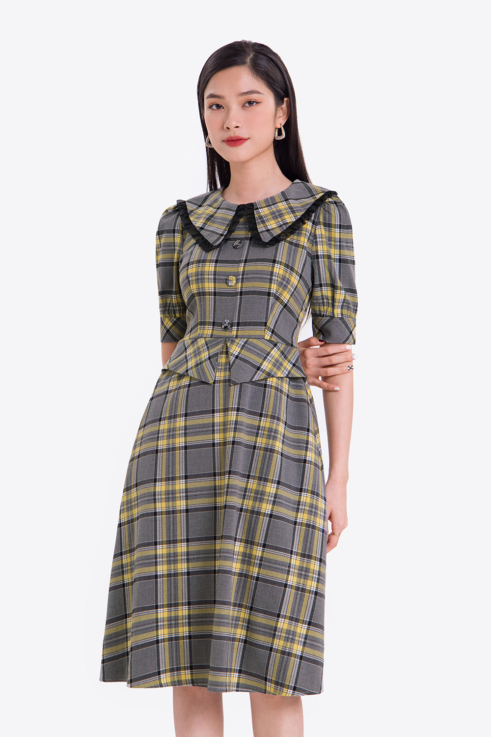 Đầm xòe peplum công sở họa tiết caro 