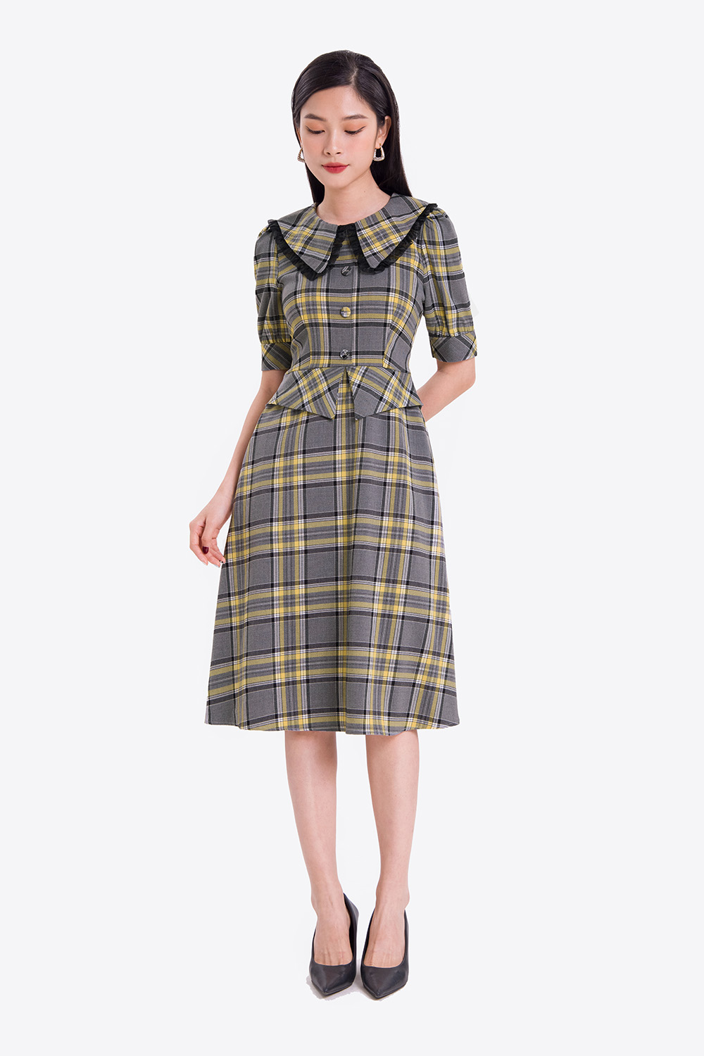 Đầm xòe peplum công sở họa tiết caro 