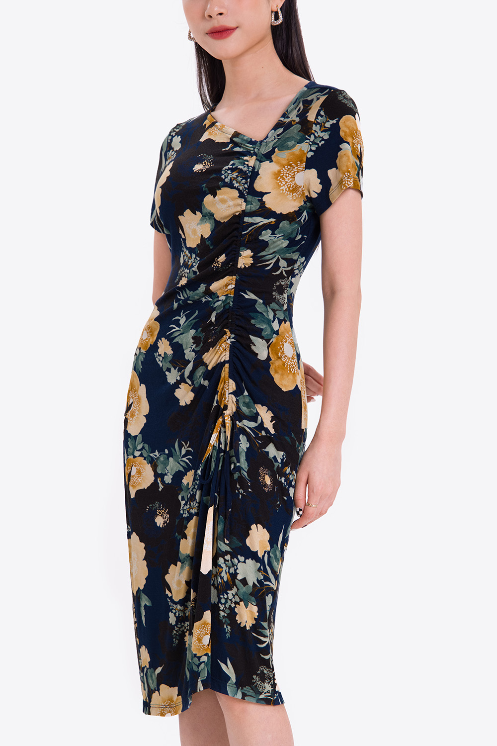 Đầm thun ôm họa tiết hoa phối dây rút 