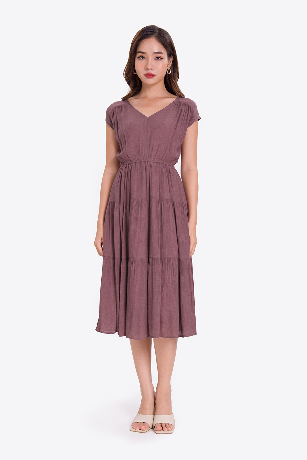 Đầm midi dáng xòe cổ V phối nơ 