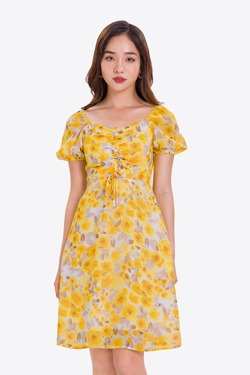 Đầm xòe hoa công sở nữ phối dây rút 