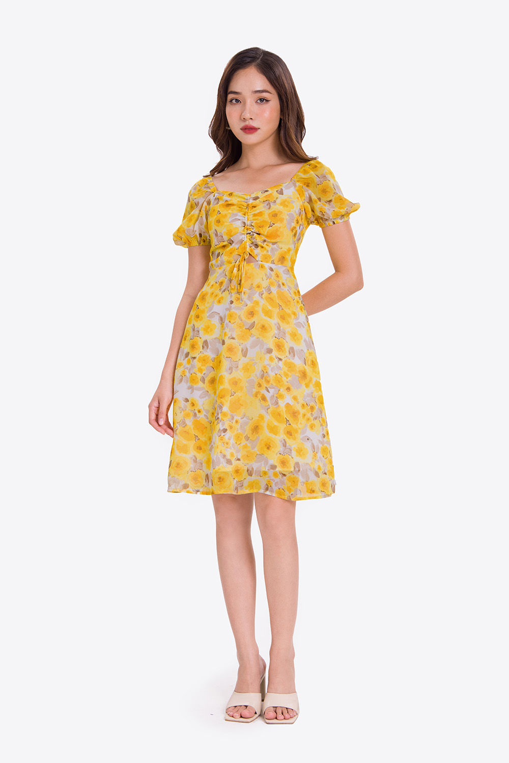 Đầm xòe hoa công sở nữ phối dây rút 