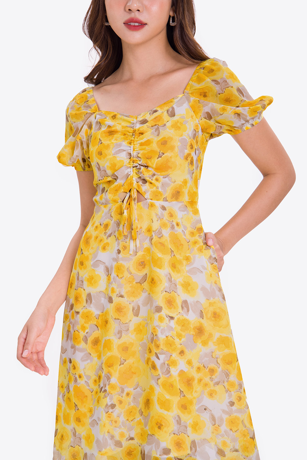 Đầm xòe hoa công sở nữ phối dây rút 