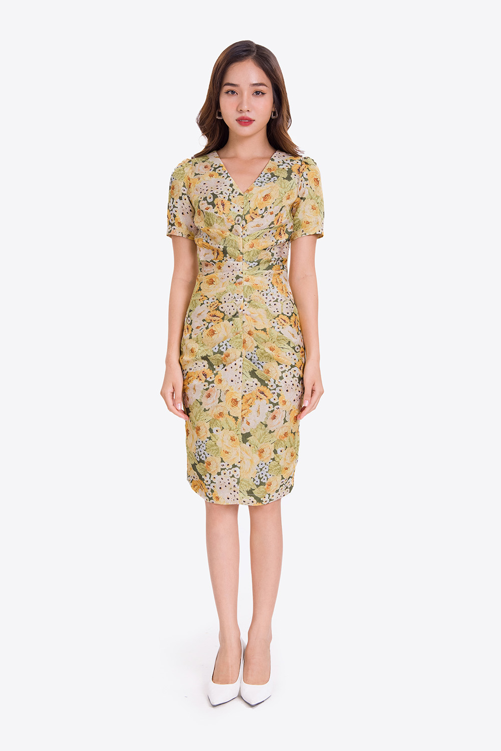 Đầm hoa công sở dáng ôm nhẹ 