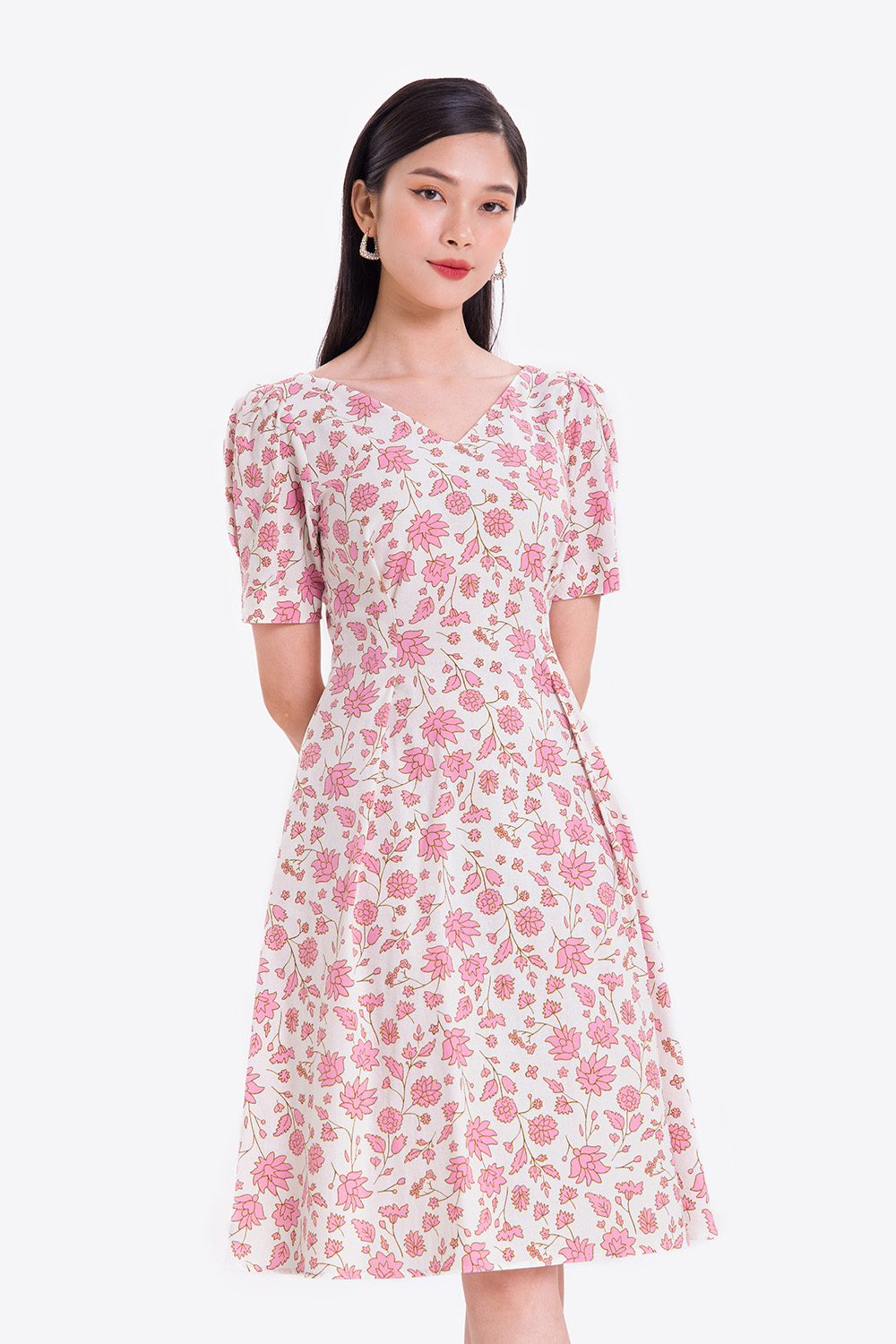 Đầm công sở hoa cổ V dáng xòe 