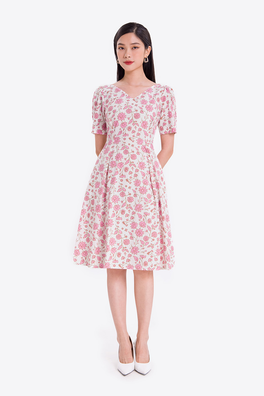 Đầm công sở hoa cổ V dáng xòe 