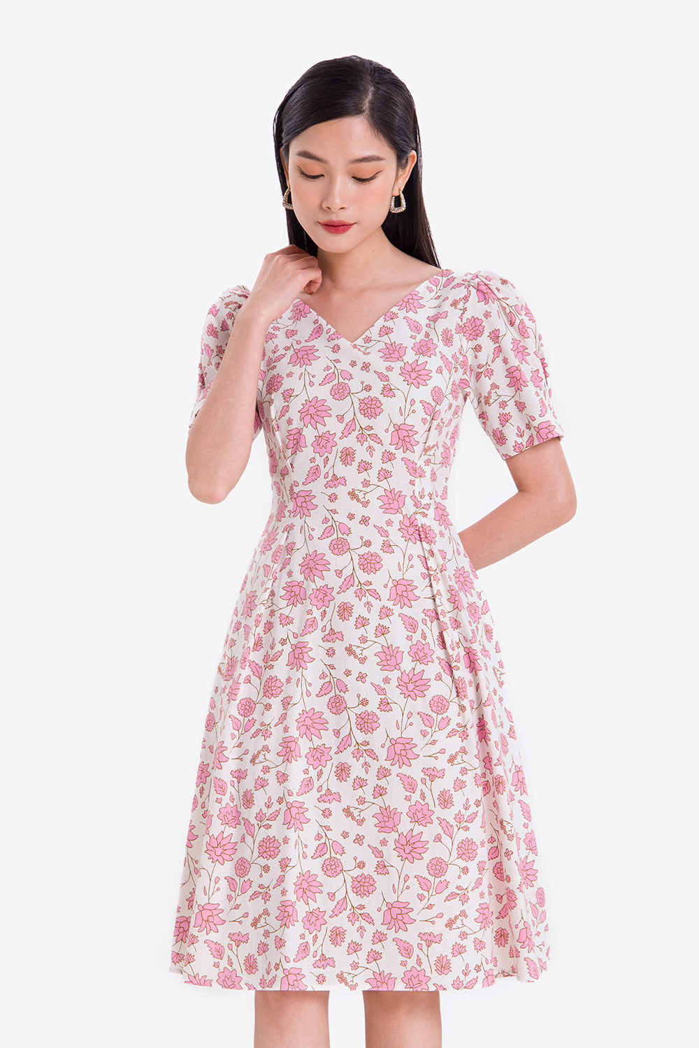 Đầm công sở hoa cổ V dáng xòe 