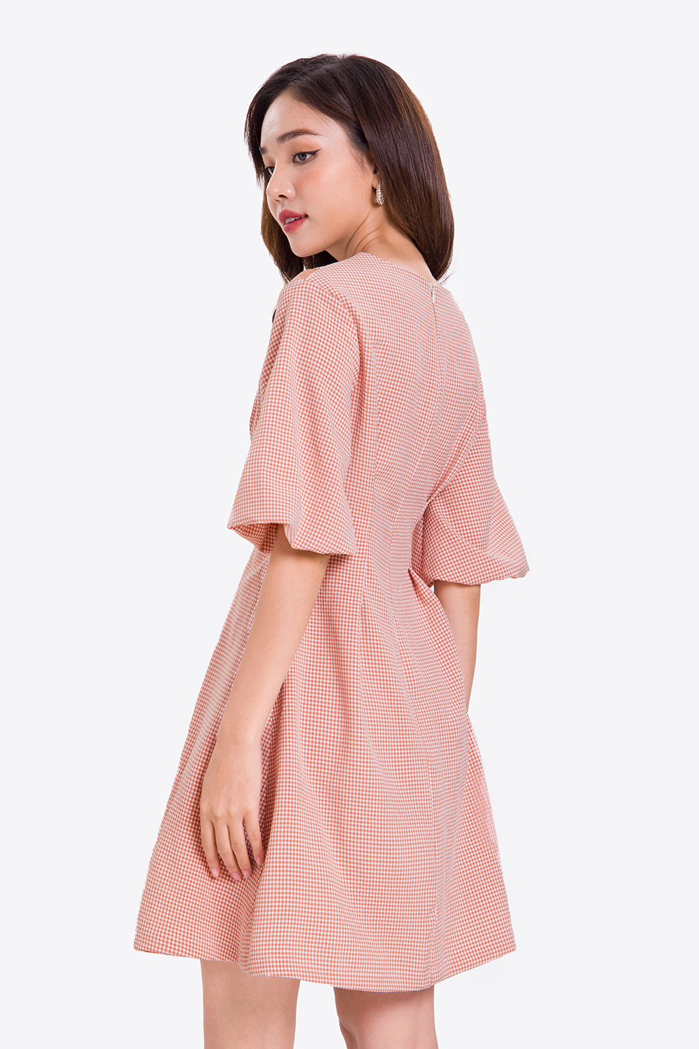 Đầm xòe gingham cut-out vai tay phồng 