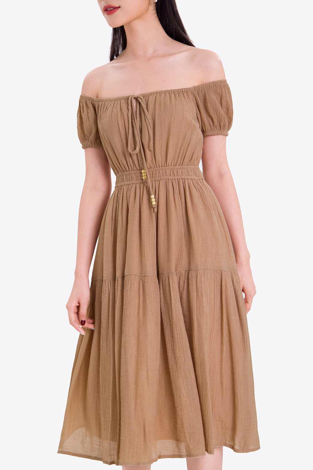 Đầm xòe trễ vai cổ phối nơ 