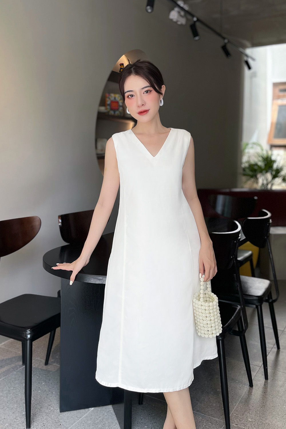 Đầm suông sát nách xanh viền trắng xinh xắn Ngọc Trinh - DN117 - AloraShop21
