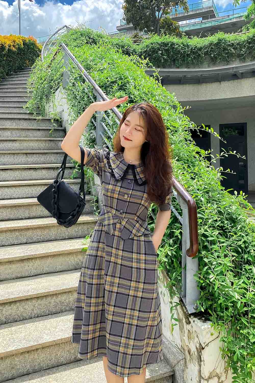 Đầm xòe peplum công sở họa tiết caro 