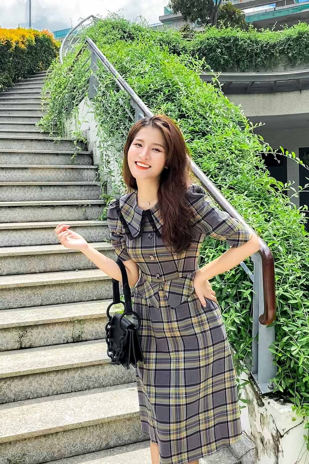 Đầm xòe peplum công sở họa tiết caro 