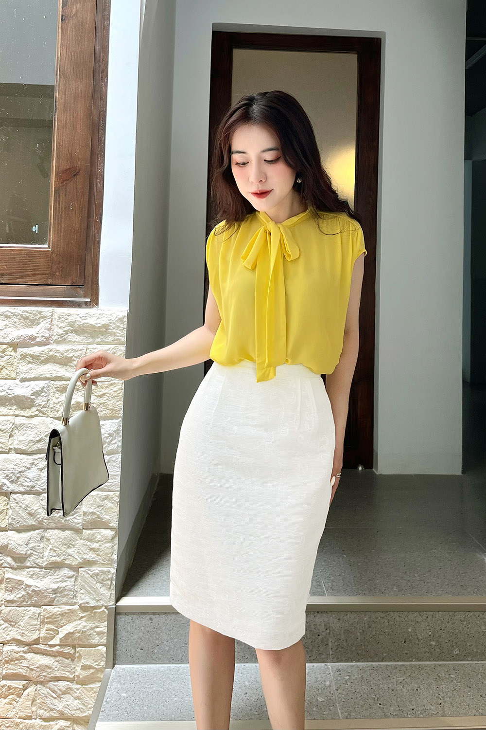 Váy đầm nữ công sở cổ tròn màu vàng phối trắng Tiin Store  VHN836   Lazadavn
