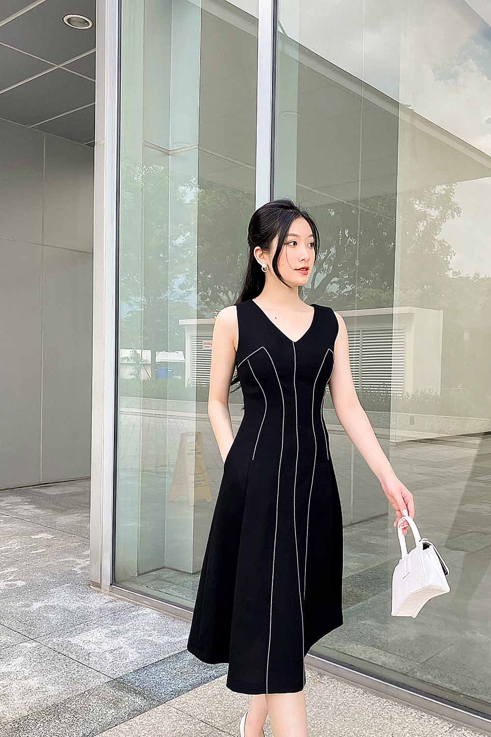 Đầm đen dáng xòe phối chỉ trắng HL19-09 | Thời trang công sở K&K ...