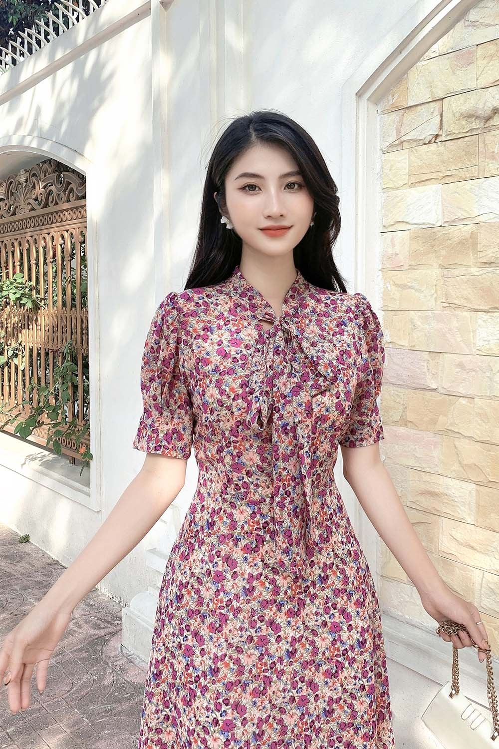 Đầm hoa nhí công sở dáng xòe cổ thắt nơ 