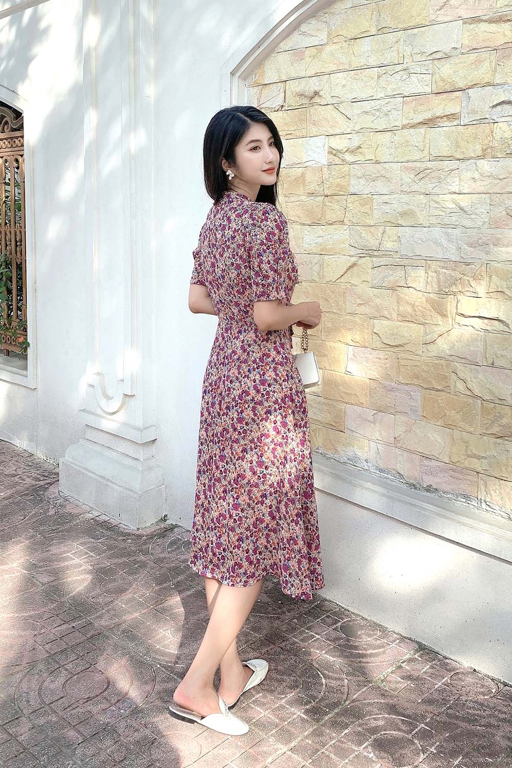 Đầm hoa nhí công sở dáng xòe cổ thắt nơ 