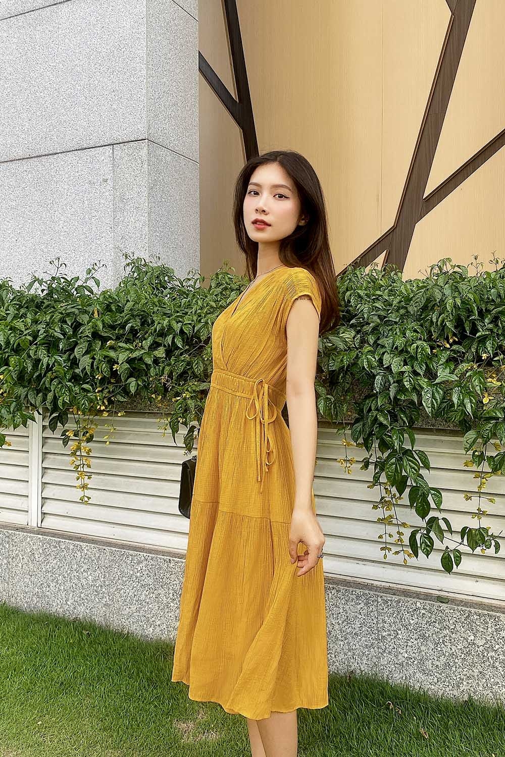 Đầm xòe xếp ly cổ V dây rút eo 