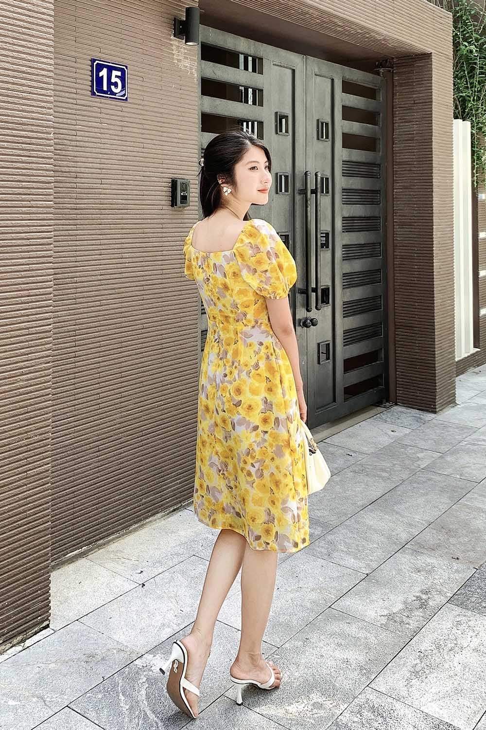 Đầm xòe hoa công sở nữ phối dây rút 