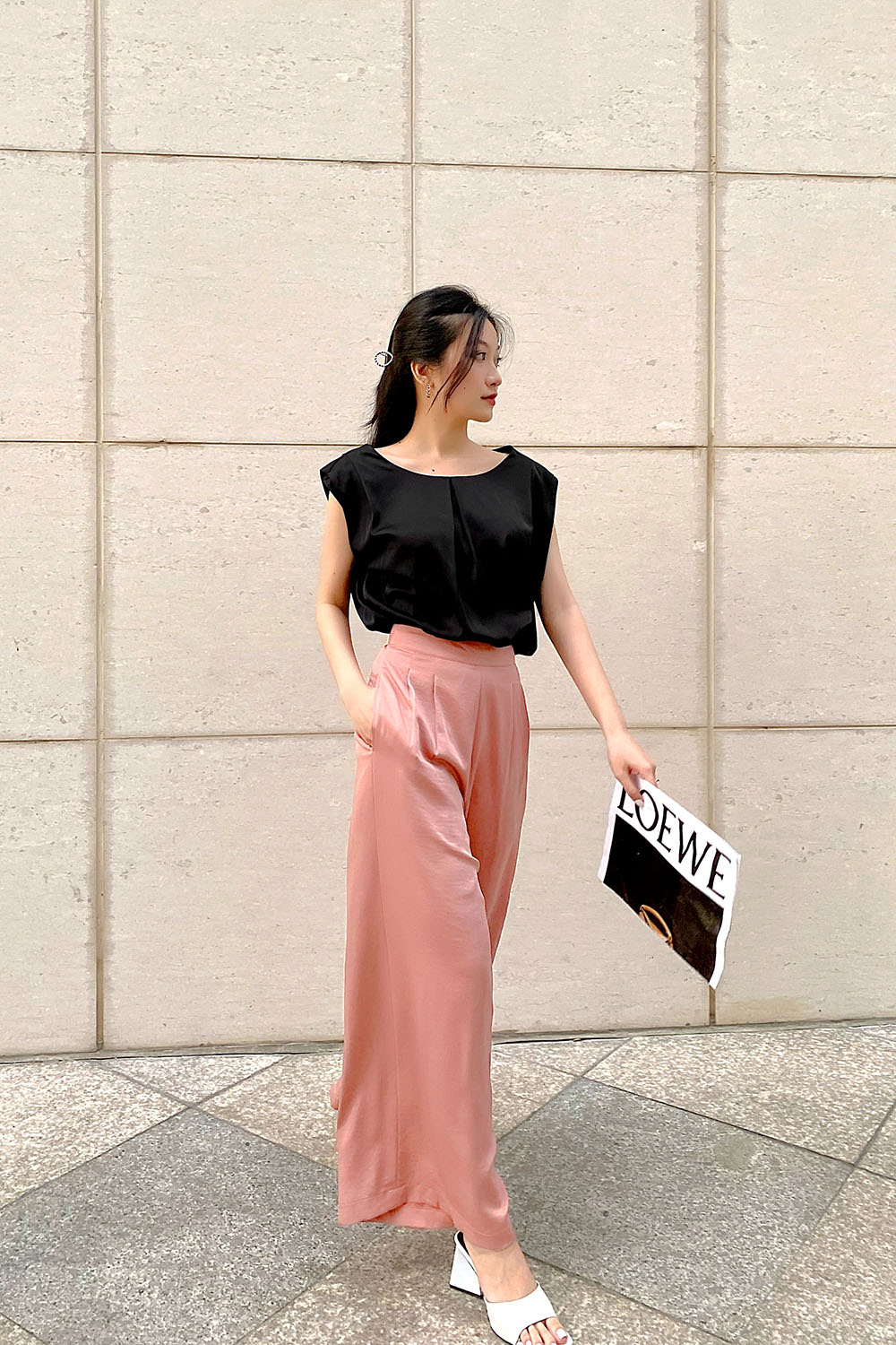 Quần công sở ống rộng lưng cao 