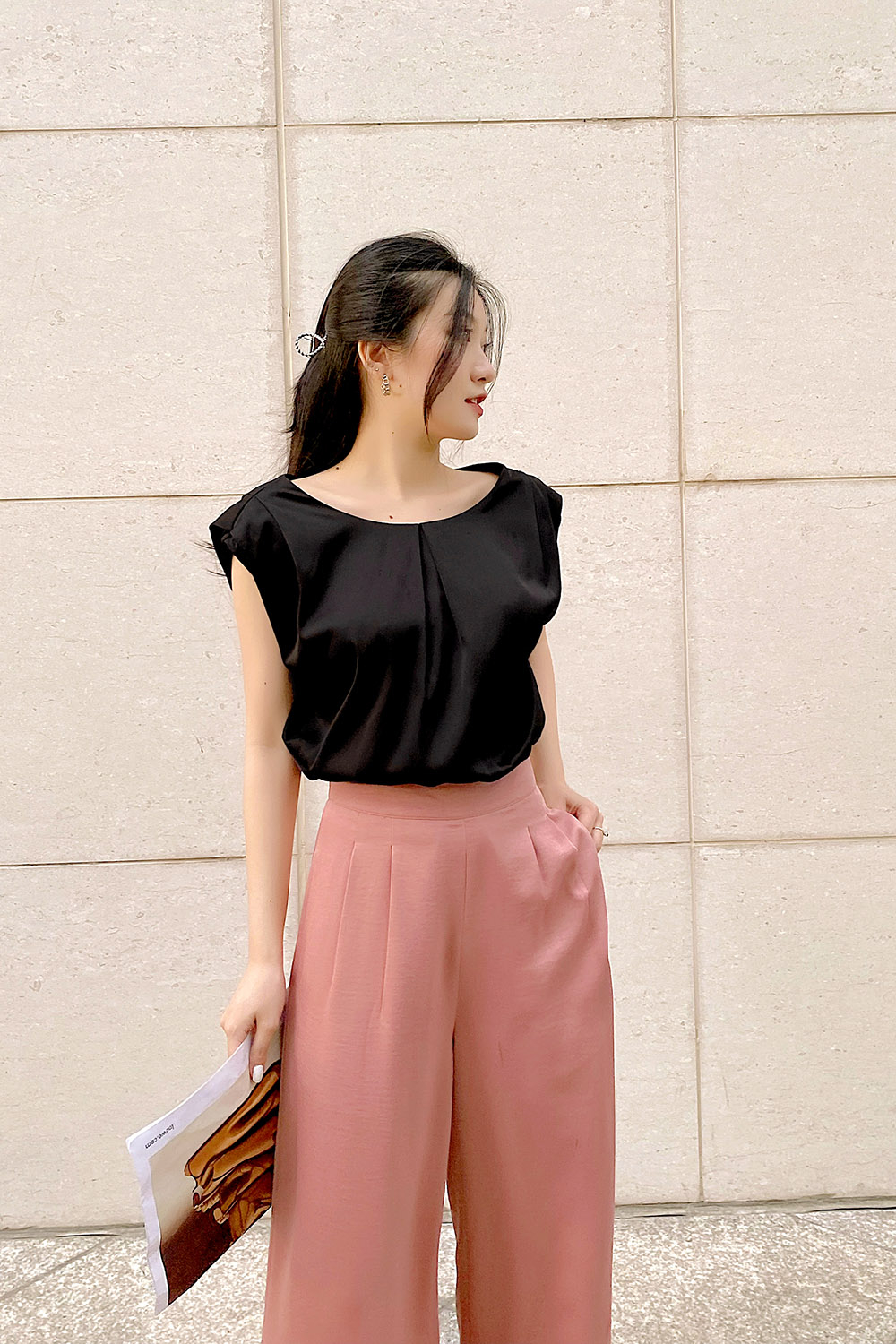 Quần công sở ống rộng lưng cao 