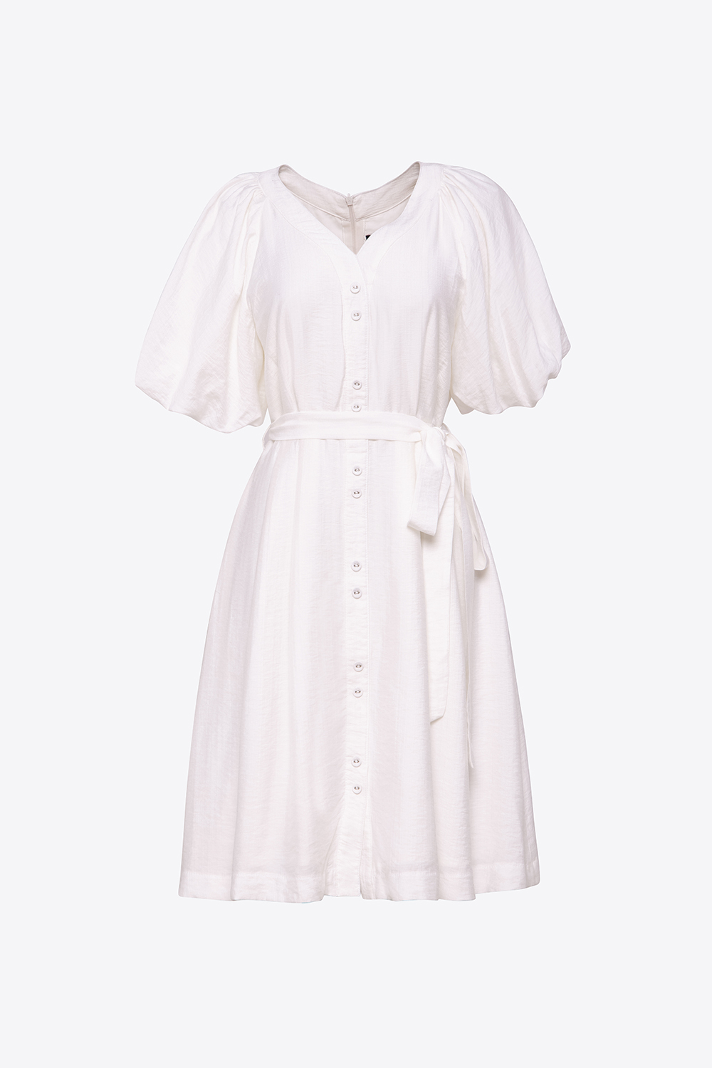 Đầm xòe trắng tay phồng eo phối nơ 