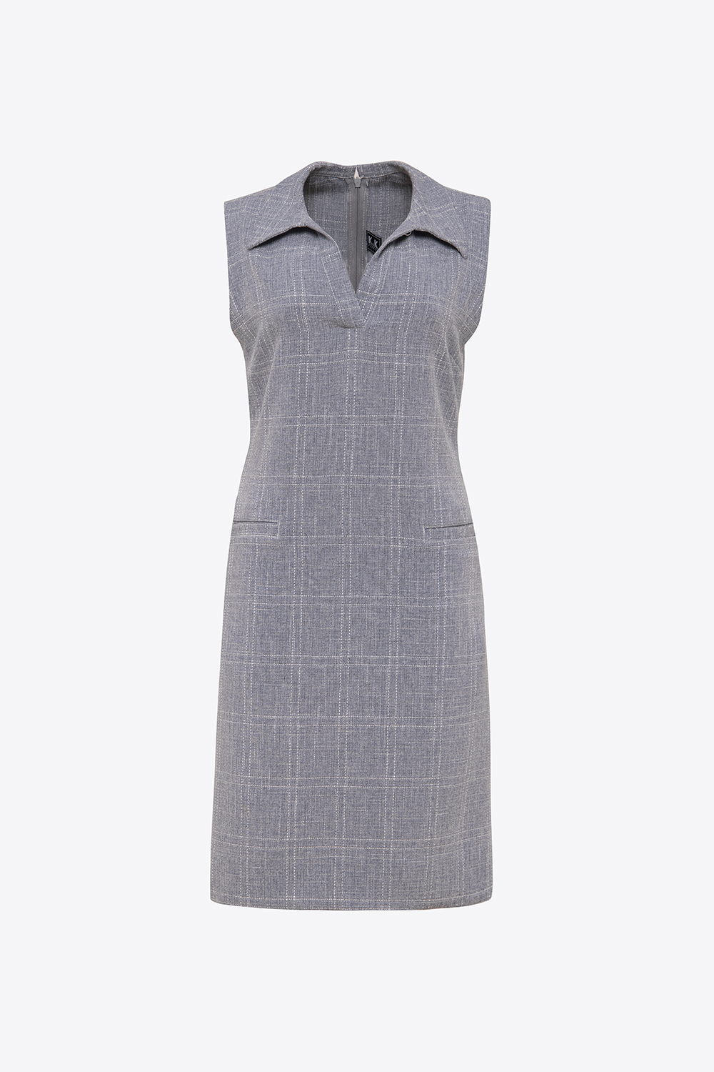 Đầm suông kẻ cổ sơ mi phối túi 