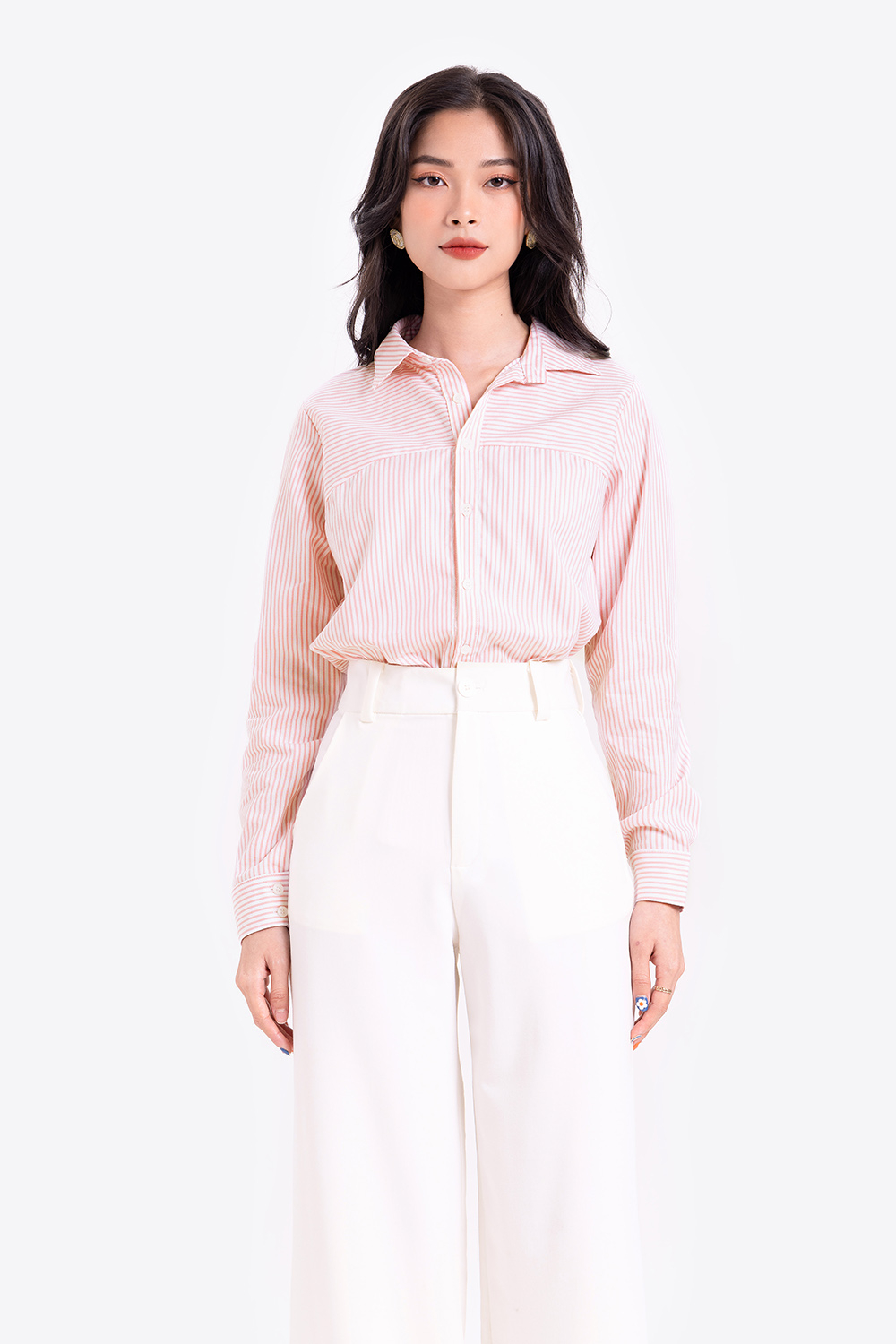 Áo sơ mi nữ công sở sọc hồng trắng 