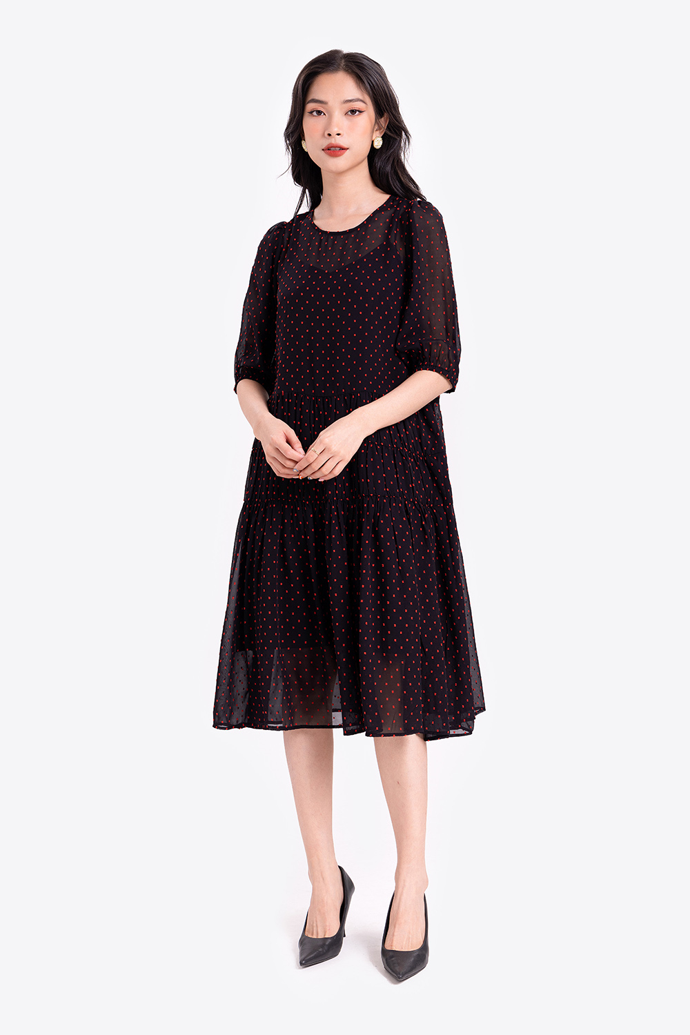 Đầm suông công sở họa tiết chấm bi