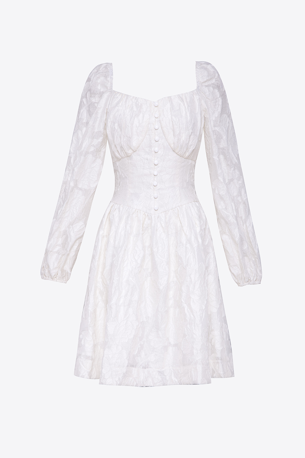 Đầm xòe trắng tay dài nhấn eo phối nút