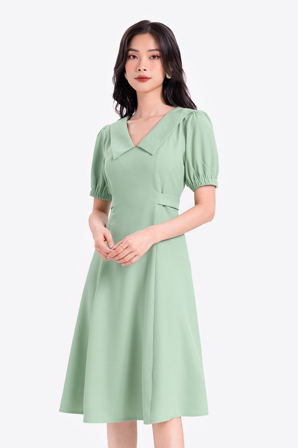 Đầm công sở nữ dáng xòe chữ a cổ sen 