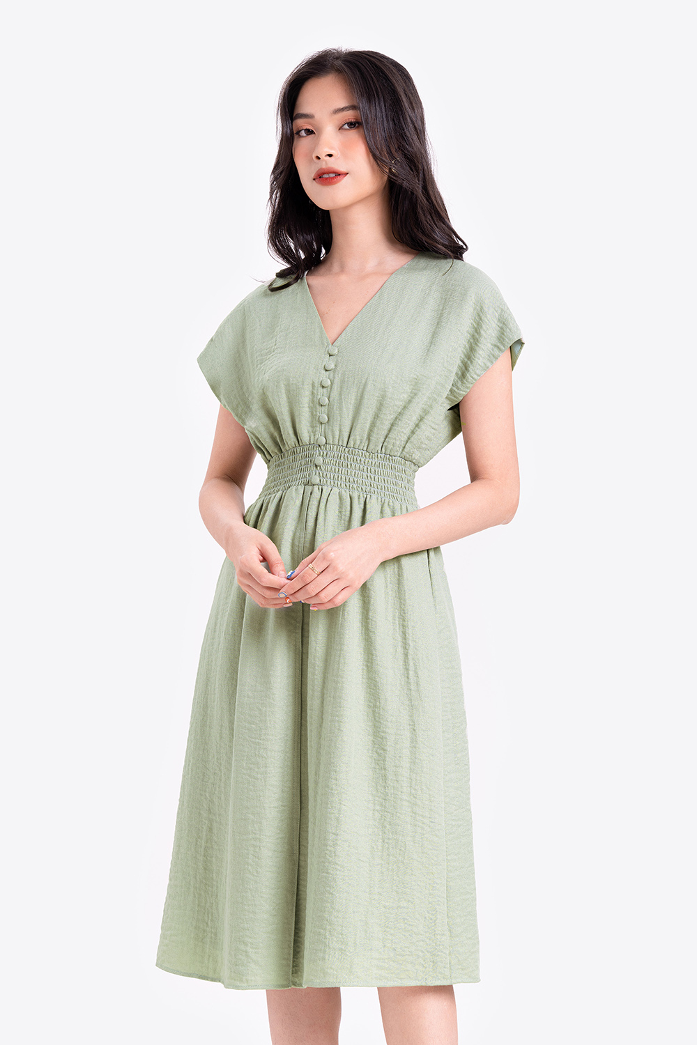 Đầm xòe công sở eo bo chun phối nút 