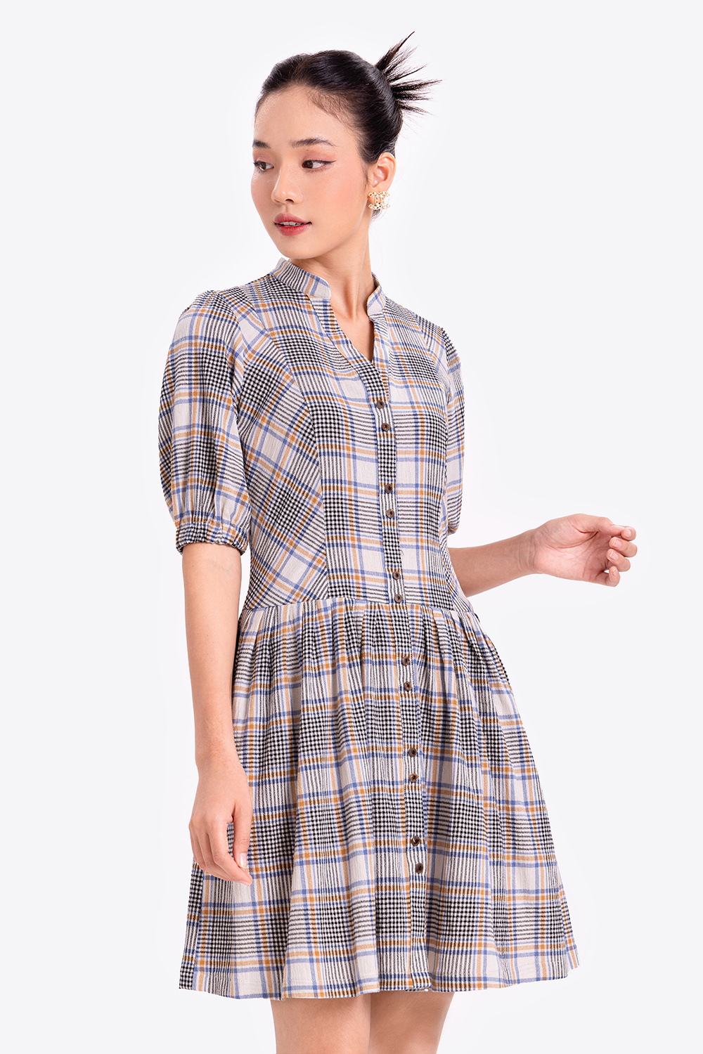 Đầm sơ mi kẻ phối dây thắt lưng 