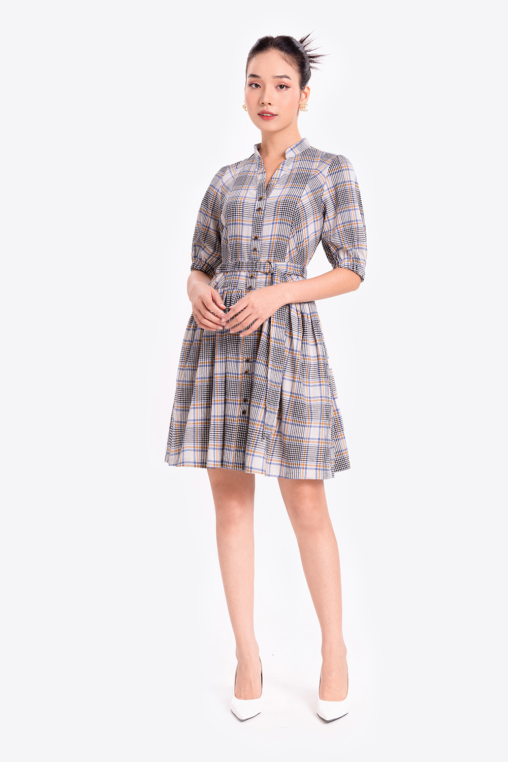 Đầm sơ mi kẻ phối dây thắt lưng 