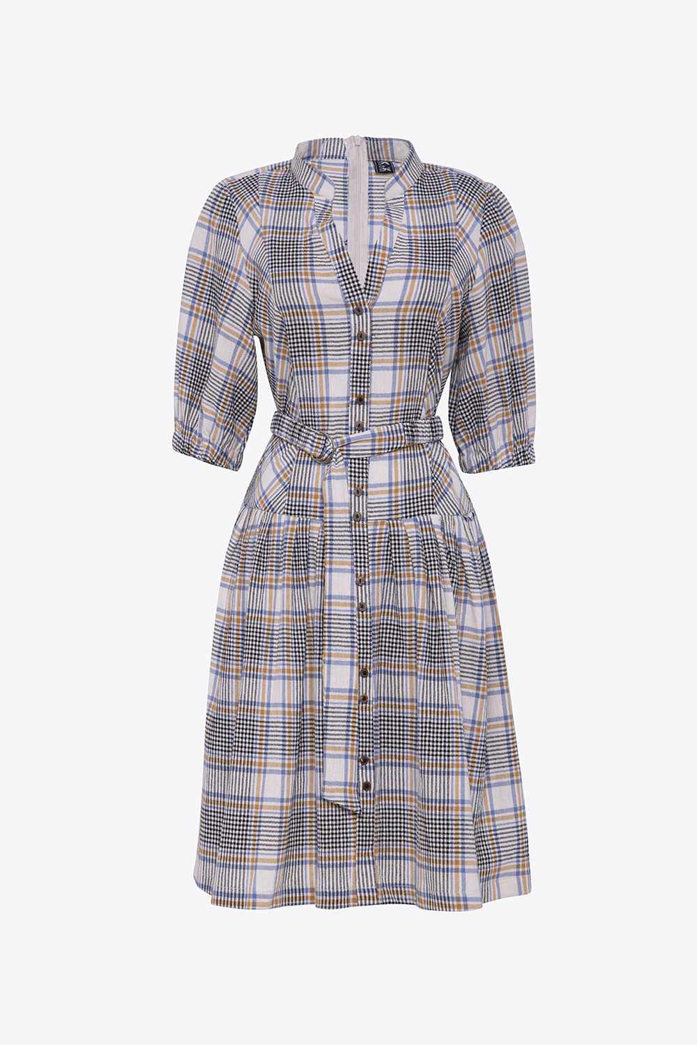 Đầm sơ mi kẻ phối dây thắt lưng 